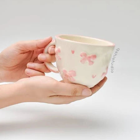Ceramic Coffee Mug with Pink Heart Bow